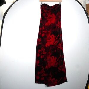 Tahari Red Black Floral Silk Velvet Strapless Gown Dress 6 Dark Coquette Goth